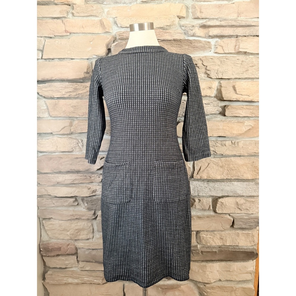 Boden Womens Houndstooth Sheath Dress Black White 3/4 Sleeve Pockets US 4P J0252